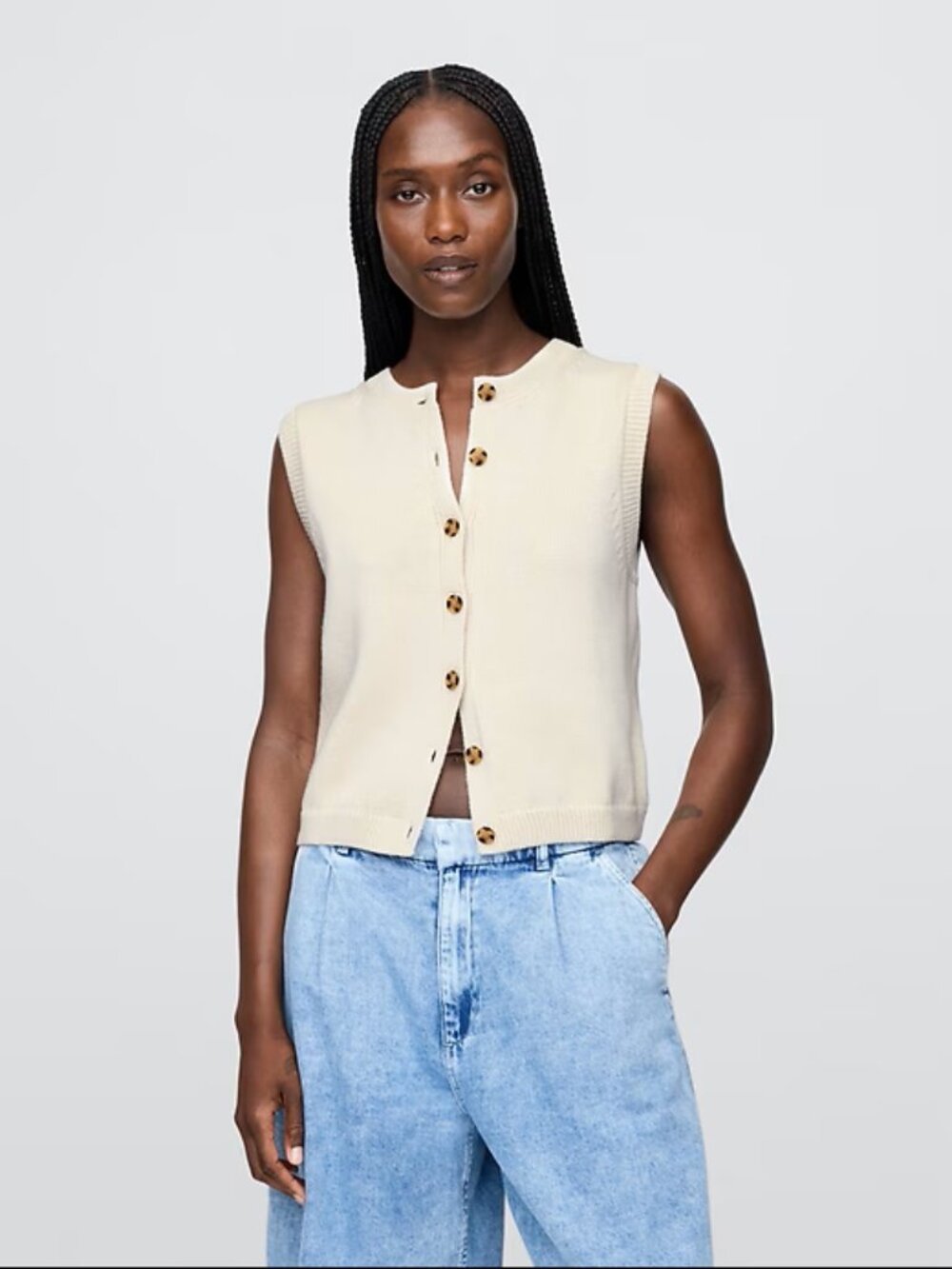 Gap Cropped Cardigan Sweater Vest Chino Beige M Medium Rib Ribbed Knit